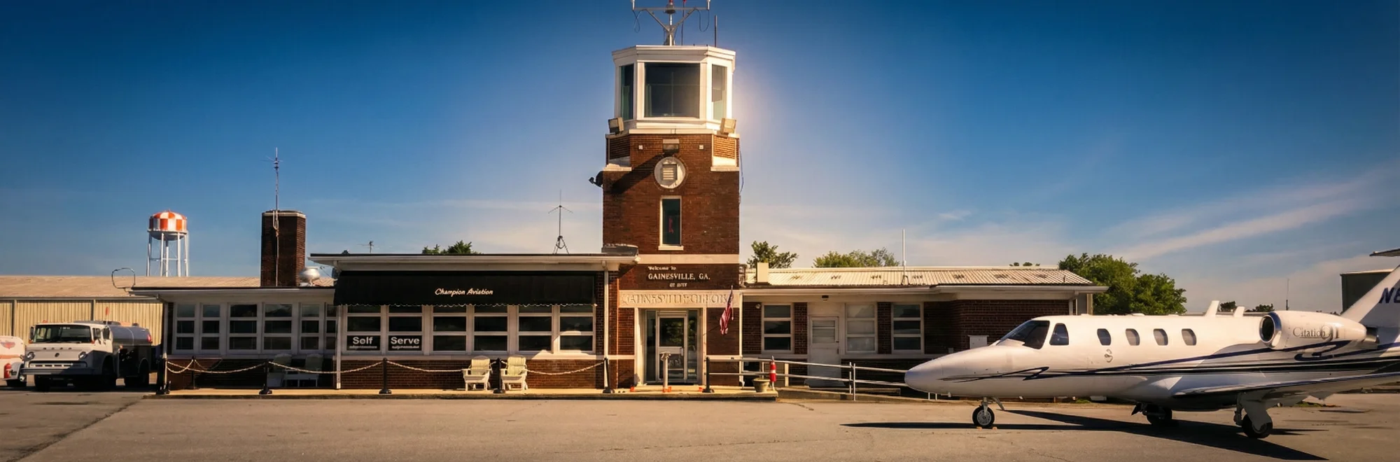 Champion Aviation Historic Terminal at Lee Gilmer Memorial Airport with Citation Jet