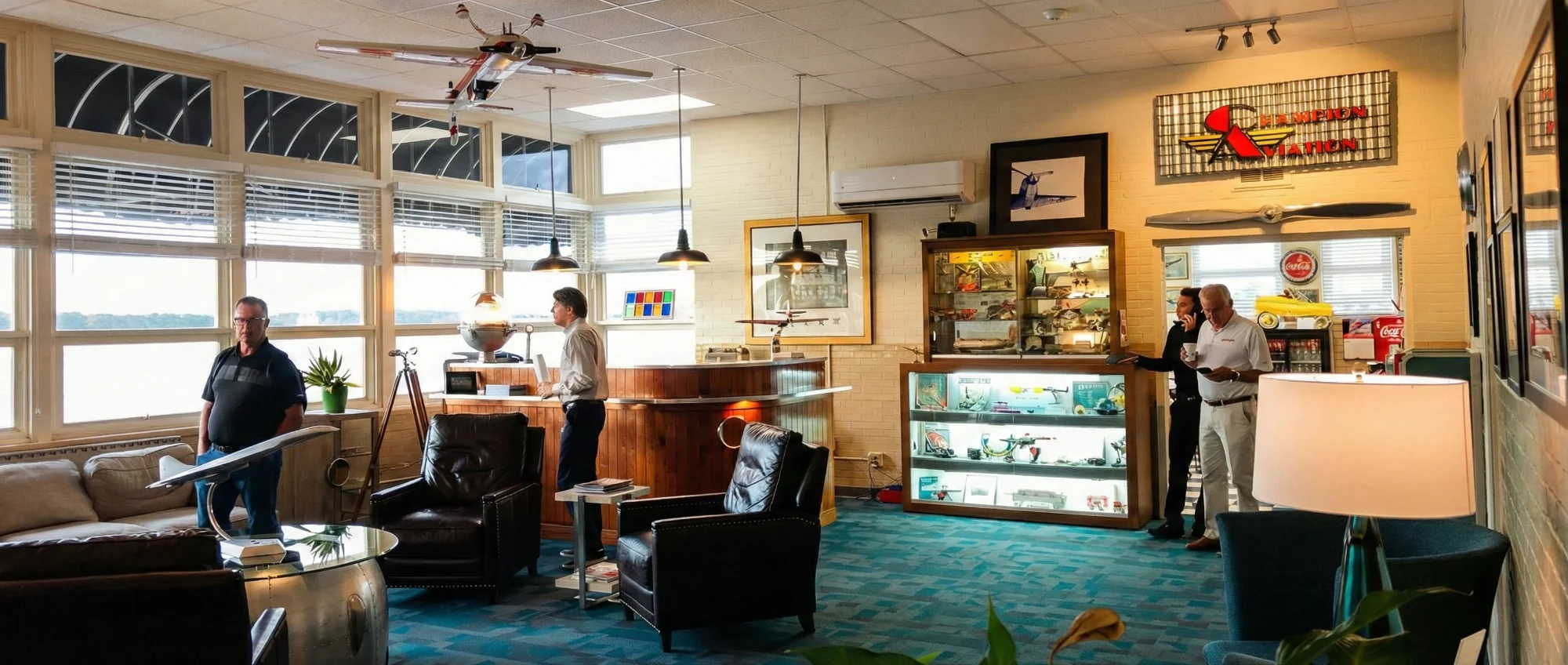 Champion Aviation pilot lounge with aviation memorabilia